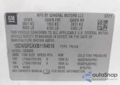 2011 Chevrolet Express 2500 Work Van z USA, uszkodzony, nr VIN 1GCWGFCAXB1184518